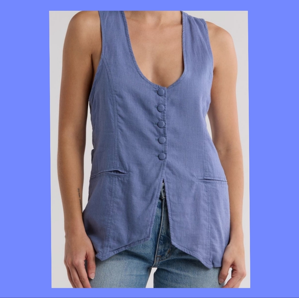 Free People Dusty Blue Button-Front Sleeveless Vest